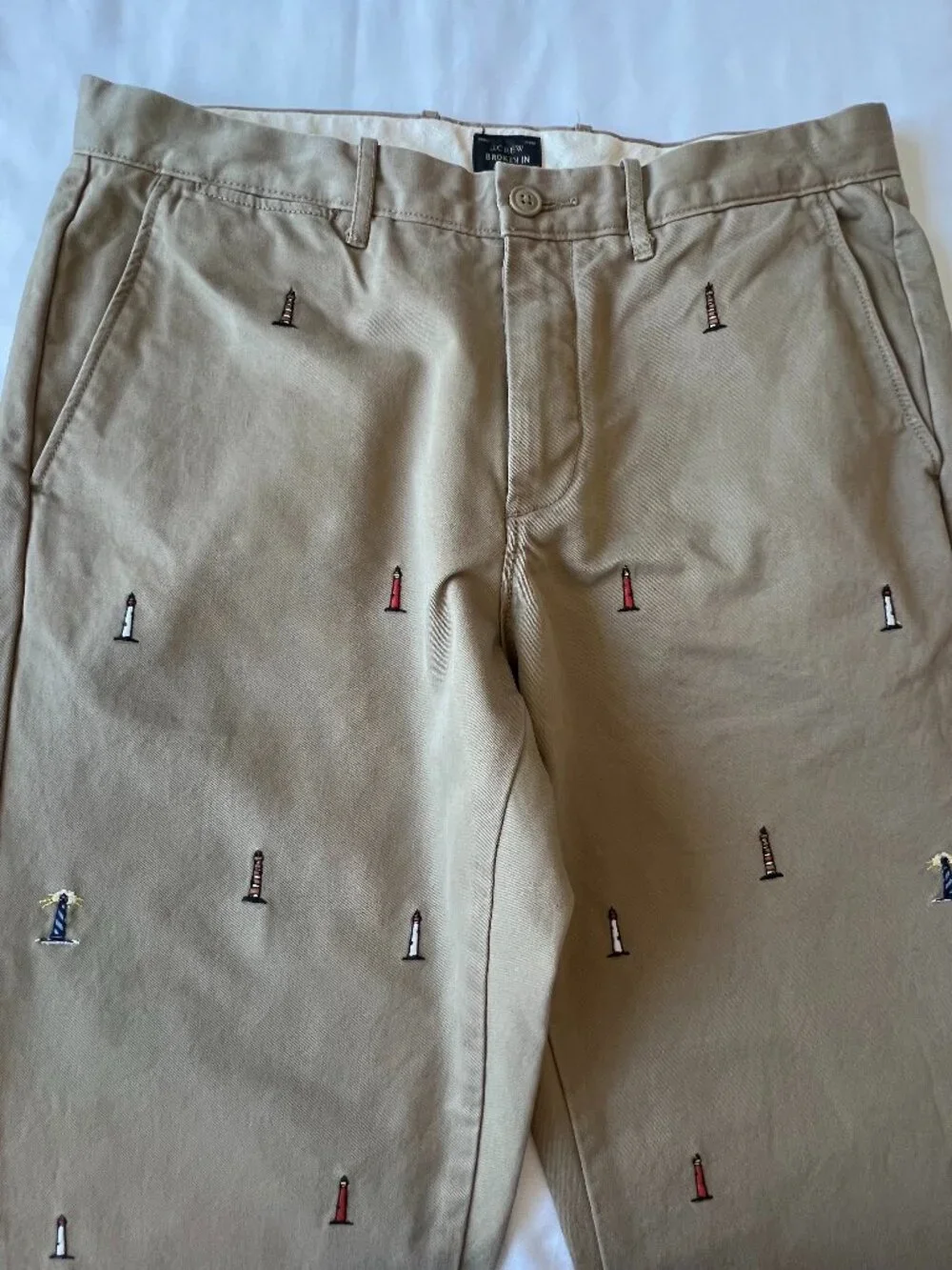 J Crew Mens 770 Straight Chinos Embroidered Lighthouses 32 X 32 100% Cotton - Picture 3 of 14